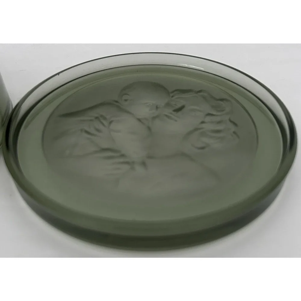 Vintage Val St. Lambert Belcique Green Glass Intaglio Covered Powder Box c. 1935
